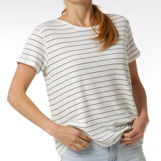 Women's Black Striped 100% Cotton Made In The USA Crew Neck Tee